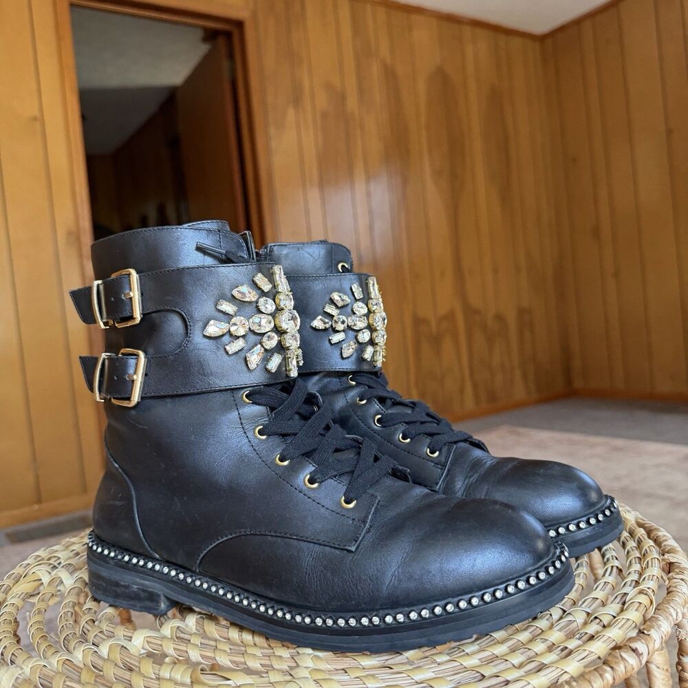 Kurt Geiger Combat Boots Embellished Leather Crystal Studded Ankle 40.5 US 9.5